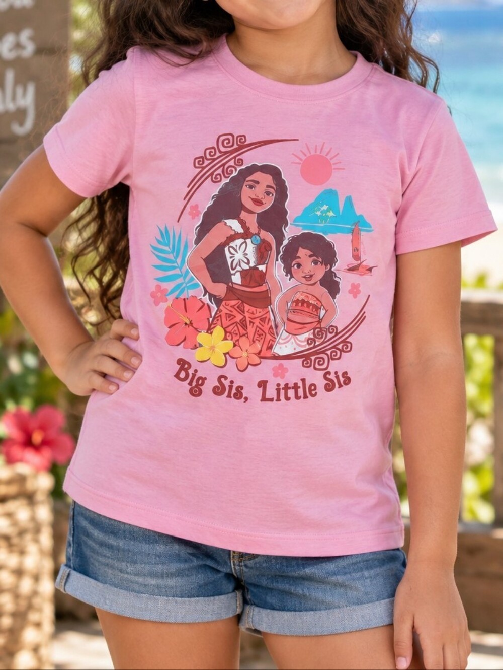 Disney Moana 2 Big Sis Little Sis Girls Pink Graphic T-Shirt Size L -Q